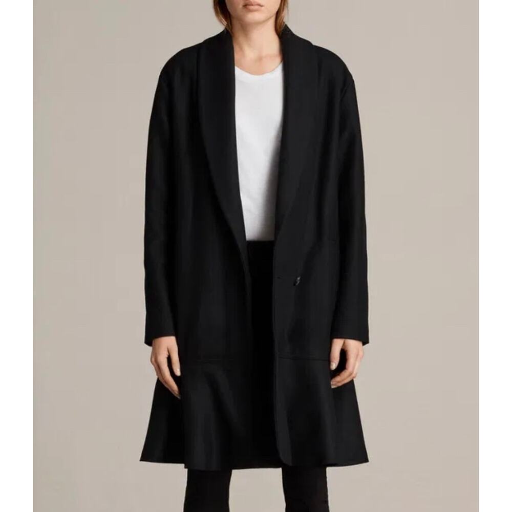 Allsaints Grace Coat Wool Ruffle Hem Long Overcoat Jacket, Black - Picture 2 of 16